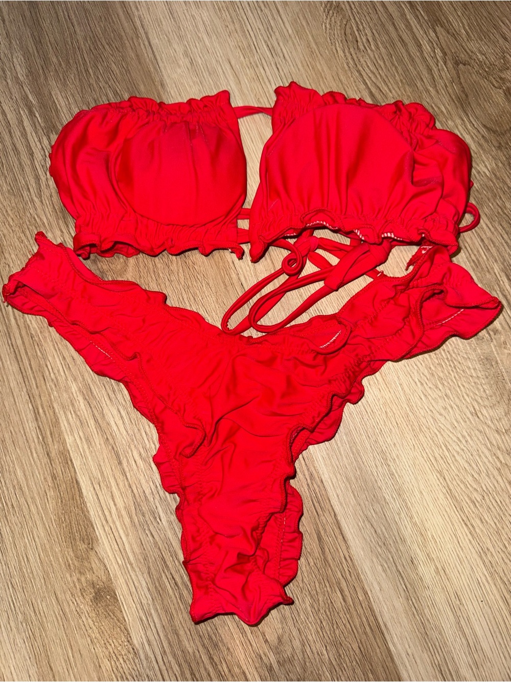 SHEIN Red Ruffle Bandeau Bikini Set